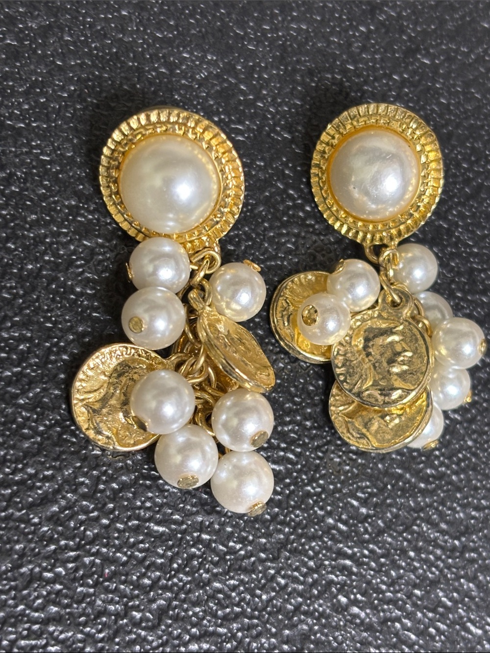Gold Pearl Cluster Coin Elegant Pierced Drop Earrings - Classic Chic